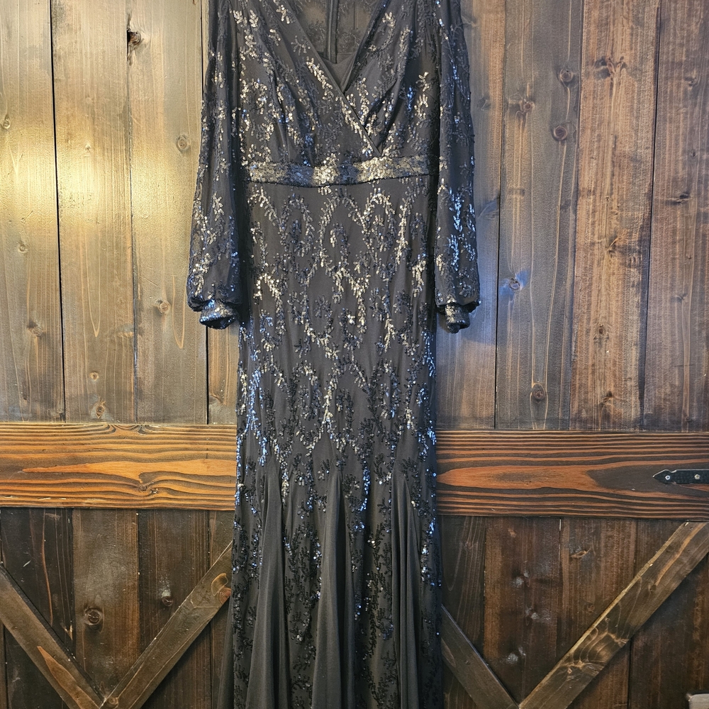 Elegant Black V-Neck Bishop Sleeve Wedding Dress. EUC. WORN ONCE.